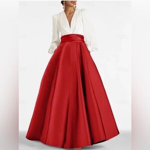 ✨ TS Couture Red & Ivory Maxi Dress | Long Sleeve | Pockets | NWT